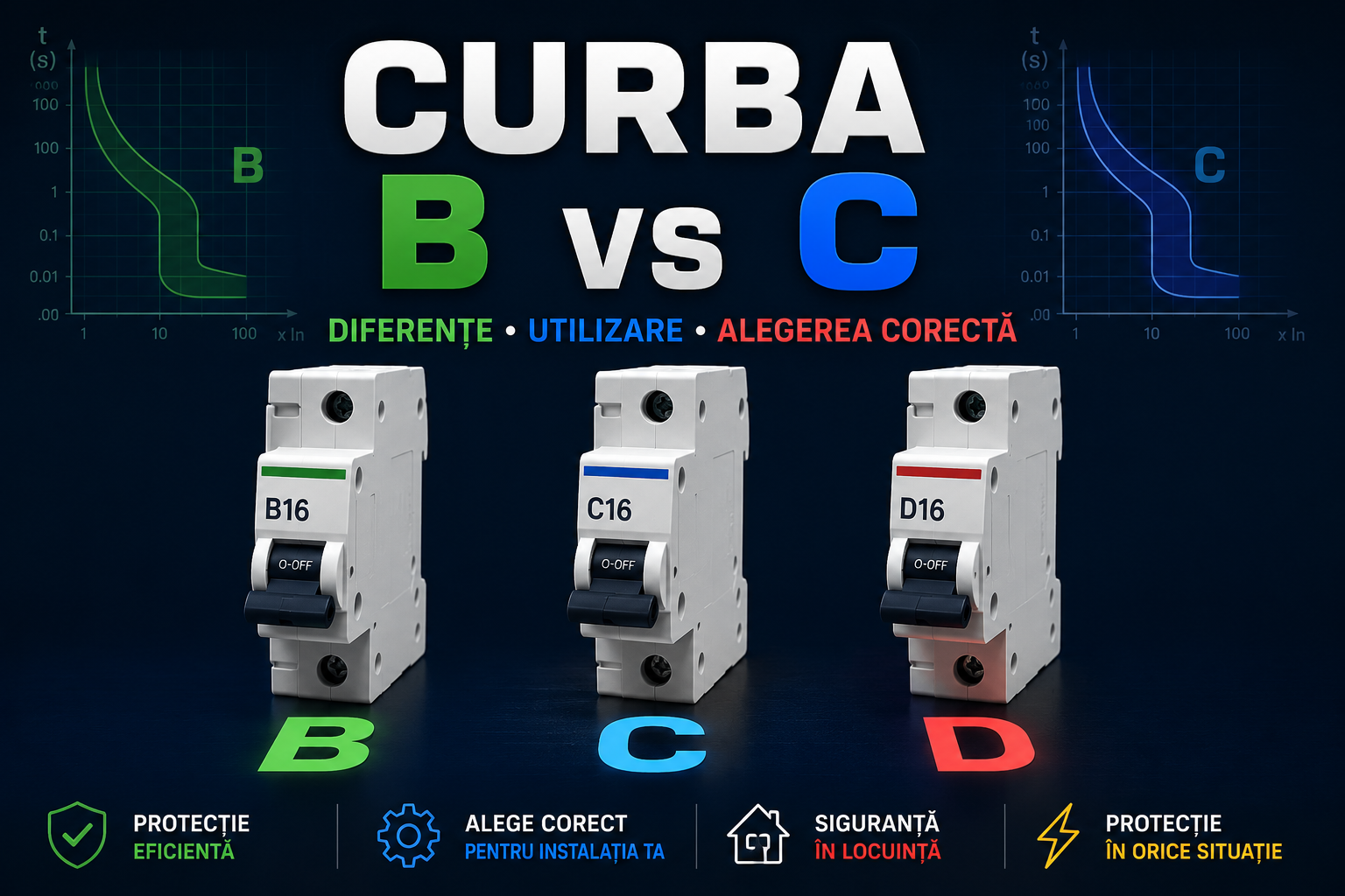 Comparație între curbele de declanșare B, C și D ale întreruptoarelor automate MCB utilizate pentru protecția circuitelor electrice