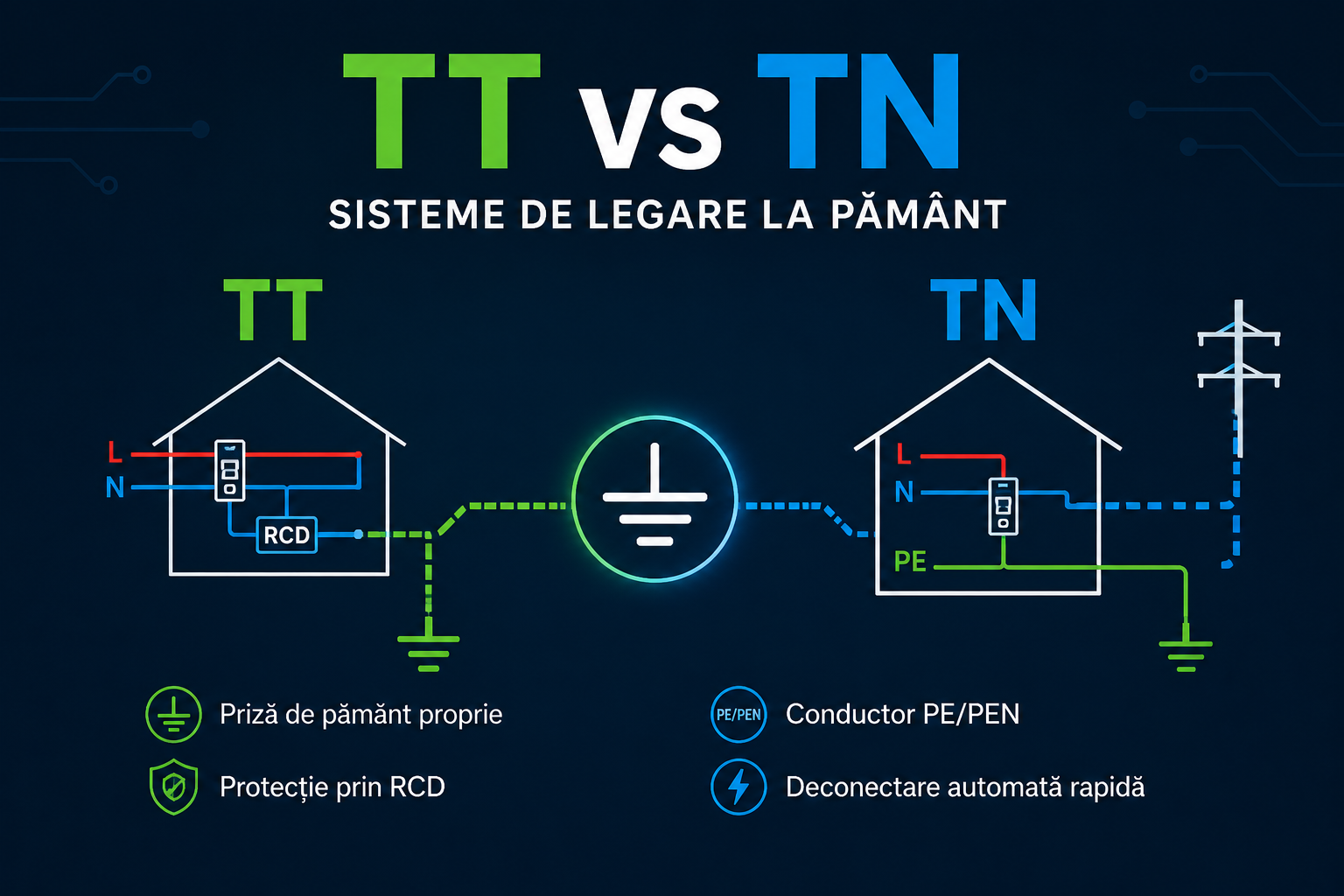 Schema comparativă dintre sistemele TT și TN din instalațiile electrice, prezentând legarea la pământ a sursei și a echipamentelor, conductorul de protecție PE și modul de circulație al curentului de defect